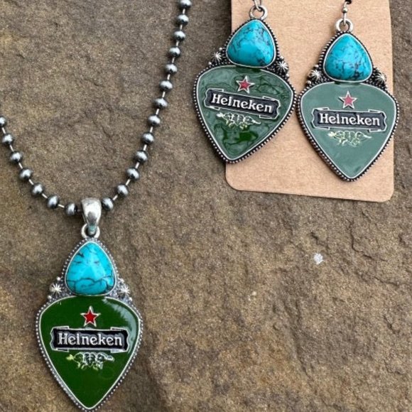 Boutique Jewelry - Heineken Beer Necklace or Earrings Western Style Stone Bead BRAND NEW